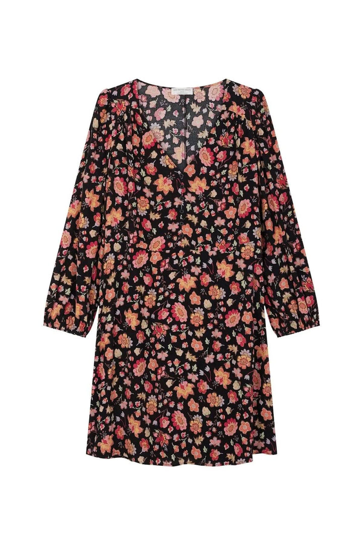 Robe Eliota Windy à imprimé floral, décolleté V, manches longues, style automnal, en viscose légère.