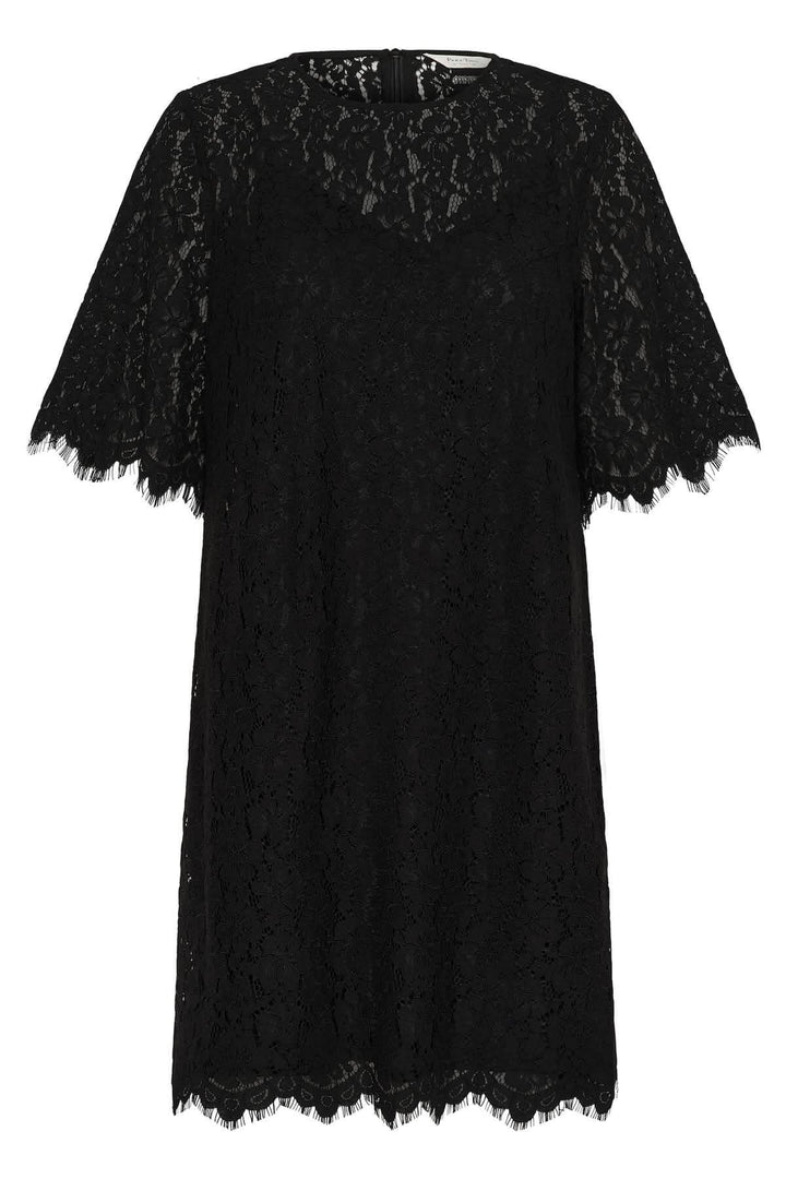 Robe en dentelle Vienne courte noire avec manches semi-transparentes, idéale pour événements chics, coupe A évasée et motif élégant.