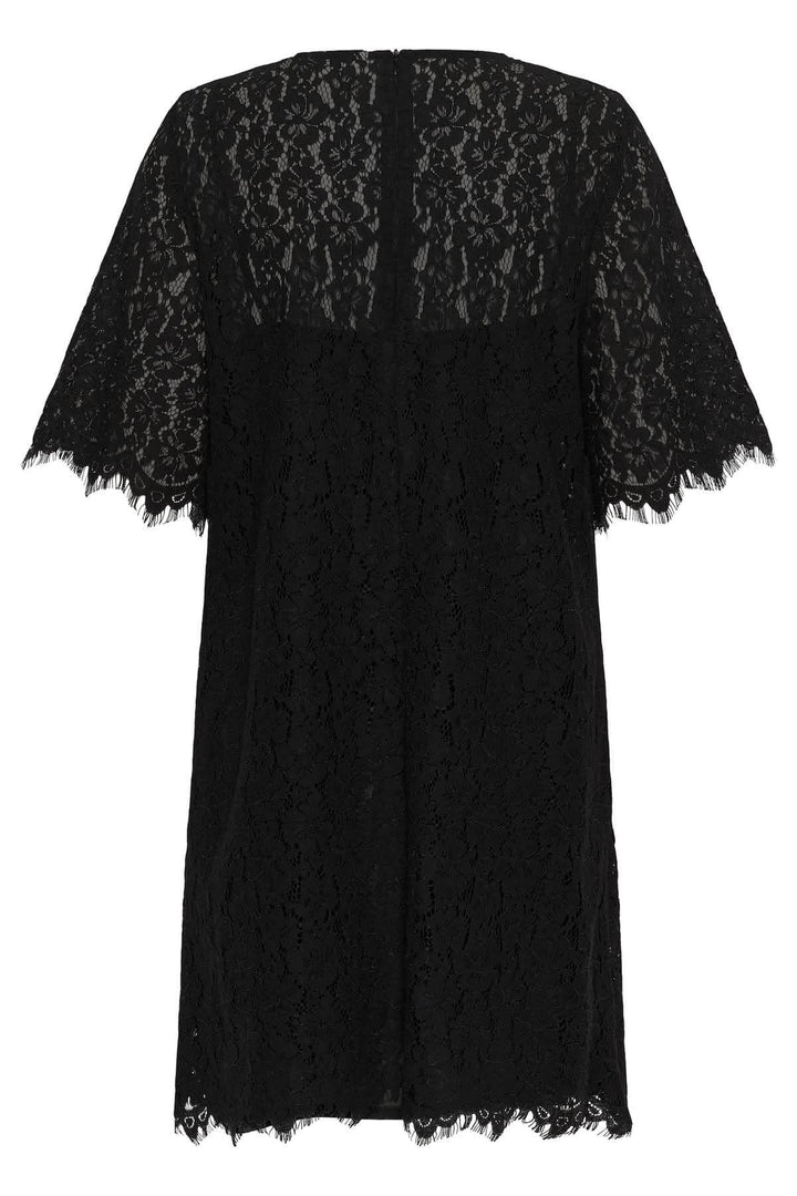 Robe en dentelle Vienne noire avec manches semi-transparentes, coupe évasée, tissu travaillé et doublure douce, vue de dos.