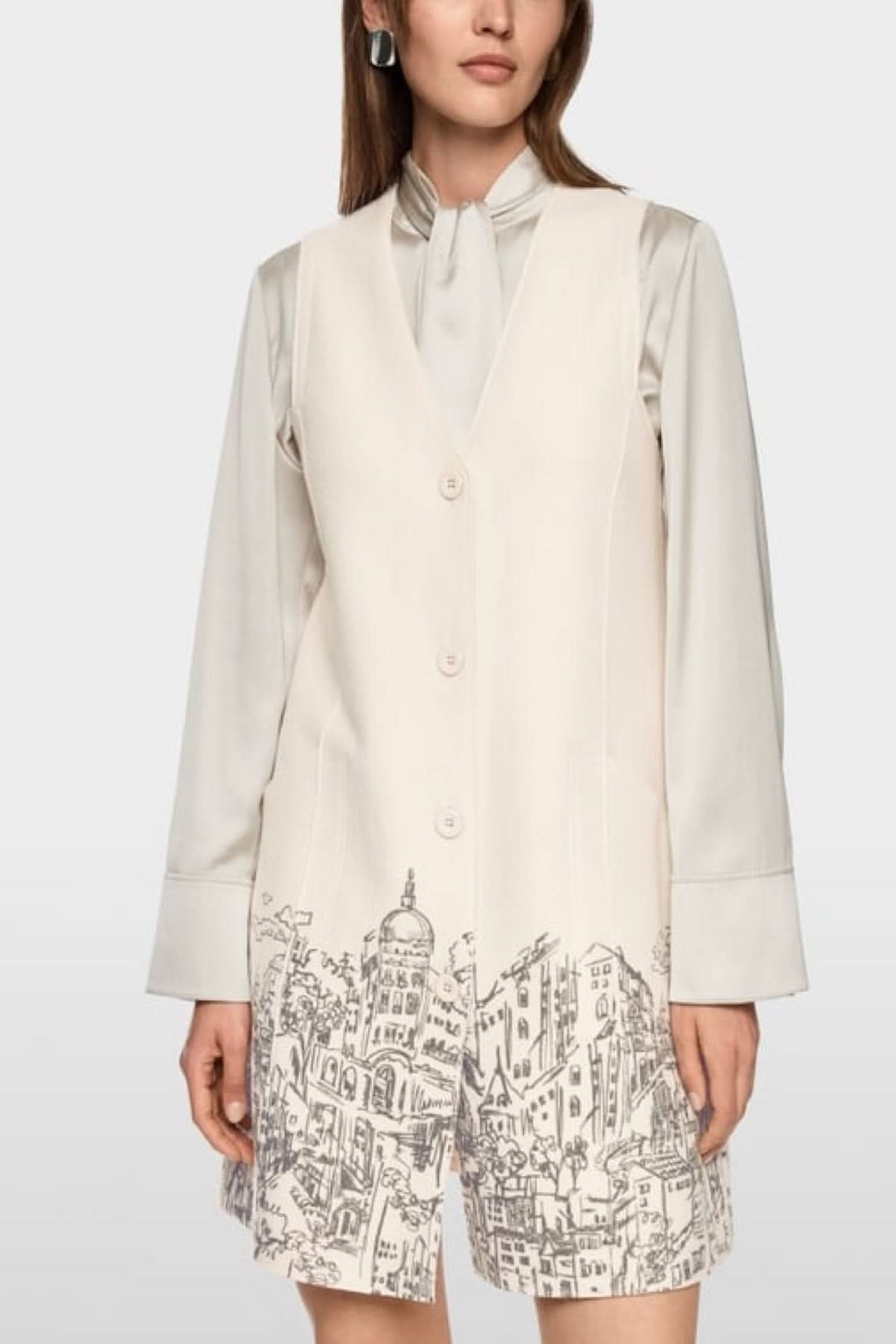 Robe en laine bouillie artistique sans manches avec imprimé urbain, patte de boutonnage, non doublée, fabriquée en Allemagne.