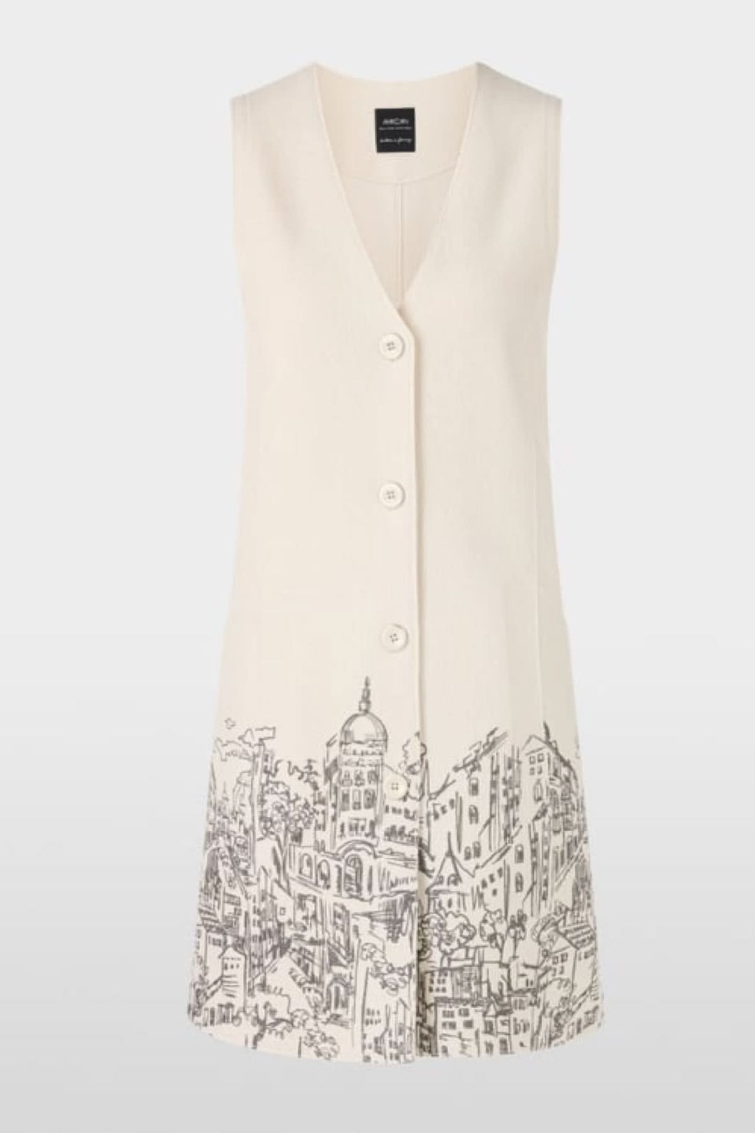 Robe en laine bouillie sans manches avec imprimé urbain artistique sur le devant, fabriquée en Allemagne. Patte de boutonnage visible.