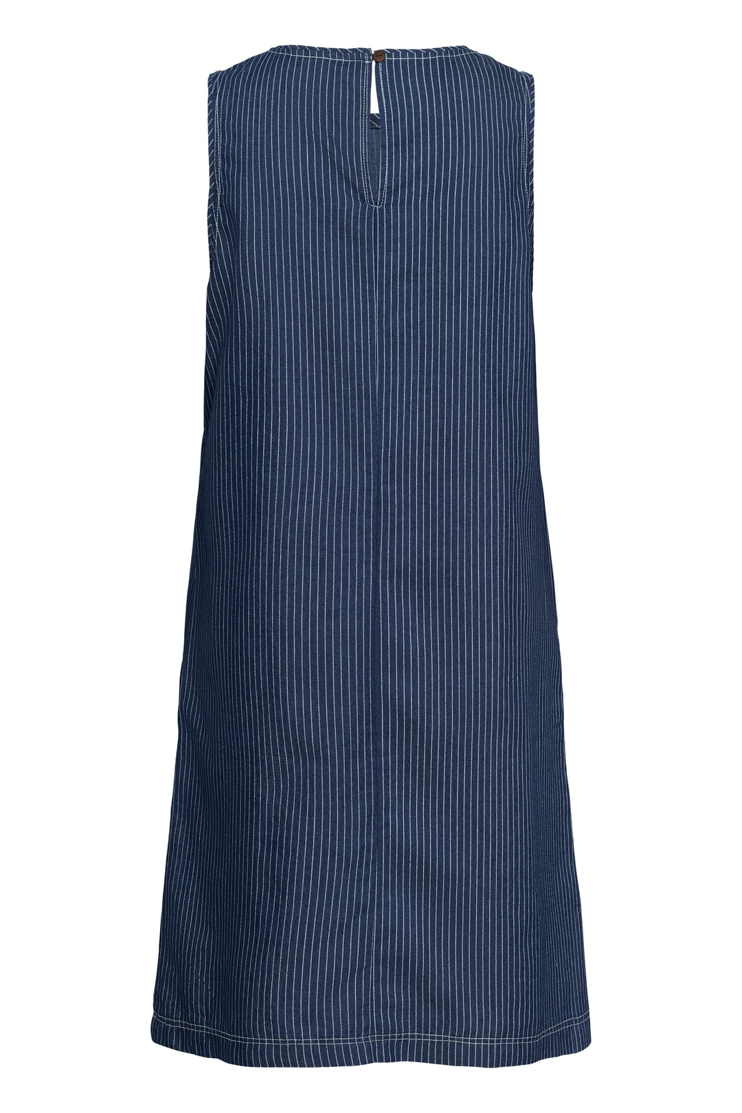 Robe sans manches Agate avec motif à fines rayures, vue de dos, surpiqûres visibles, coupe droite, style décontracté et élégant.