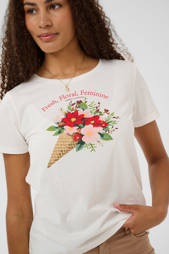 T-shirt Joliy imprimé artistique féminin, manches courtes, encolure ronde, tissu doux, confort quotidien.