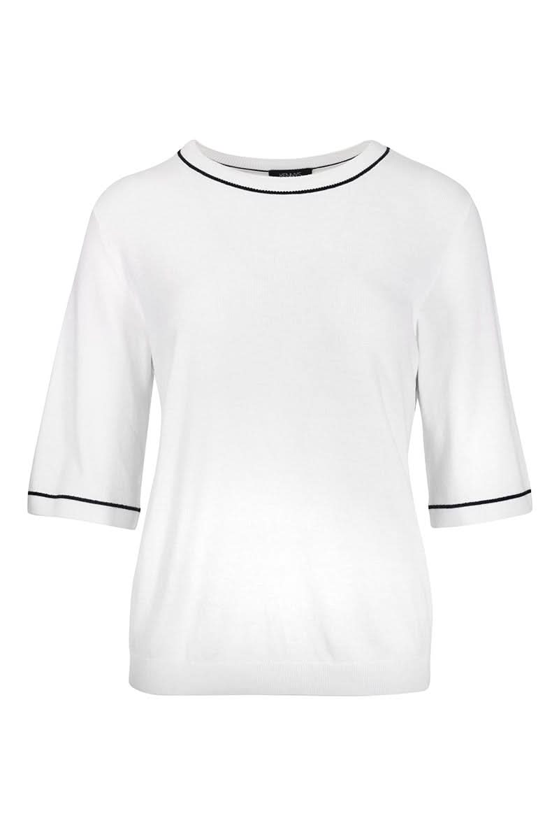 T-shirt avec lignes blanches, coupe droite, encolure ronde et finitions contrastantes, parfait pour une tenue professionnelle ou décontractée.