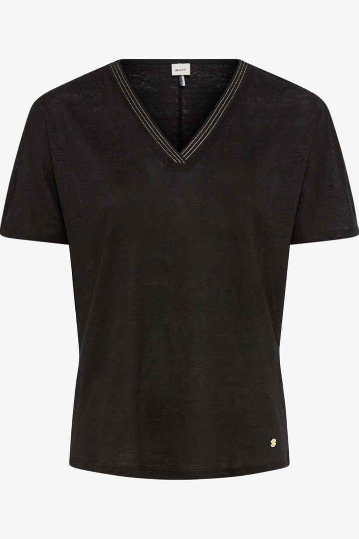 T-shirt col V noir pour femme, couture décorative et coupe décontractée, parfait pour l&