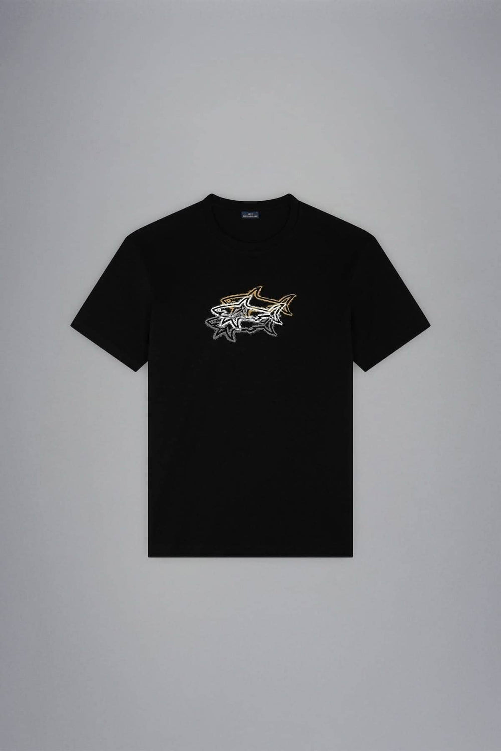 T-shirt noir avec impression de 3 requins colorés, idéal pour l'été, en pur coton biologique.