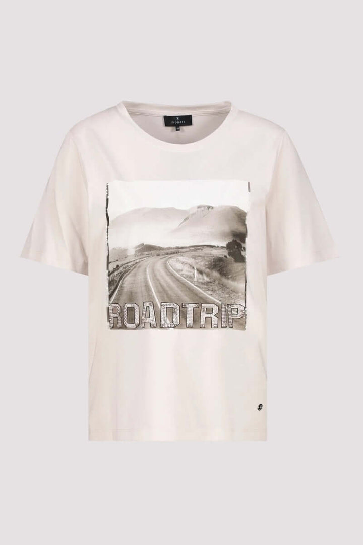 T-shirt imprimé avec photo « road trip » et manches courtes, style aventure et confort décontracté.