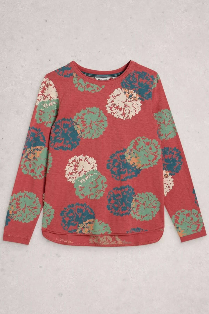 T-shirt à manches longues Clara avec motif coloré, coupe droite et encolure ronde, parfait pour un confort quotidien.