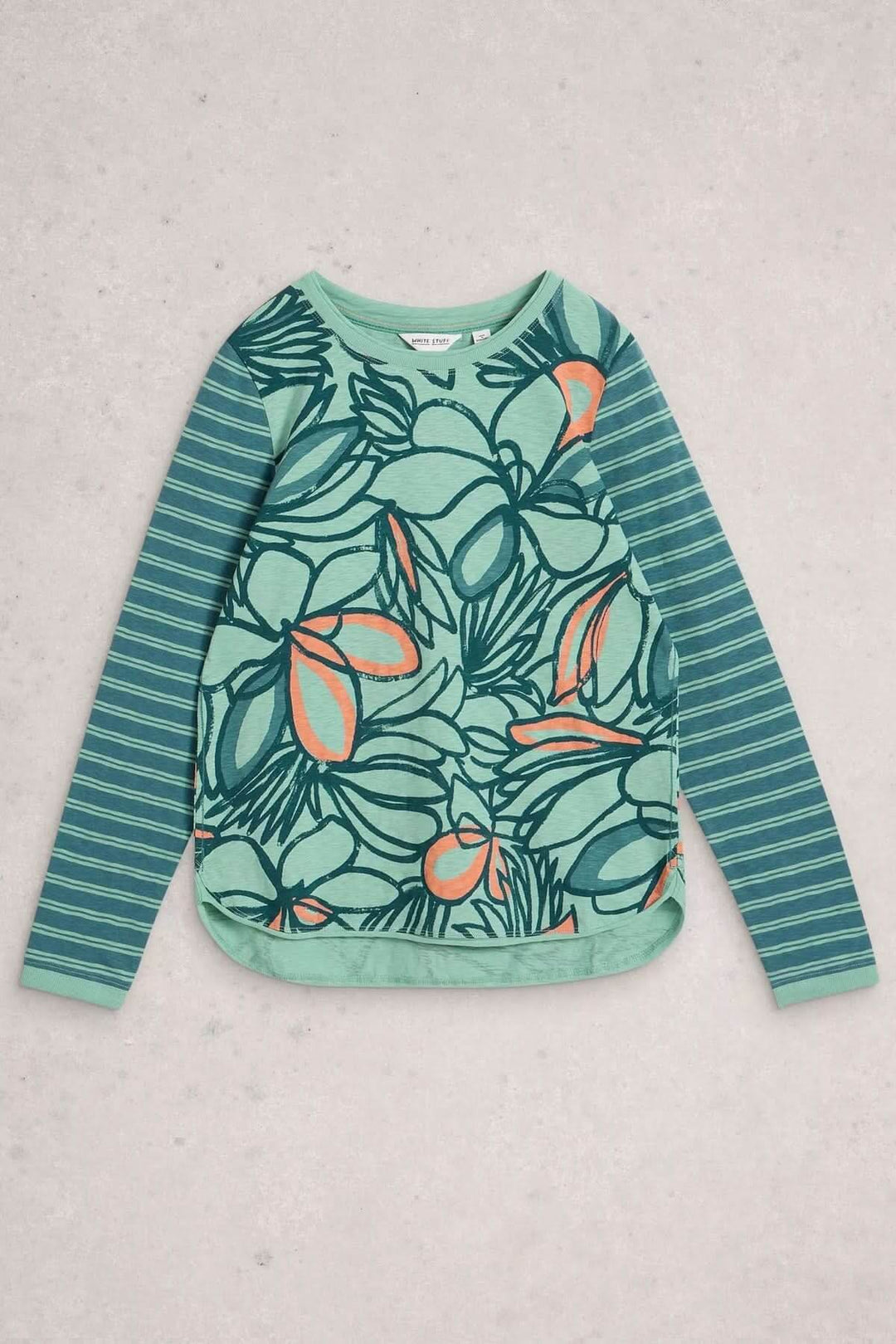 T-shirt à manches longues Clara en tissu souple avec motifs floraux et rayures, idéal pour le quotidien.