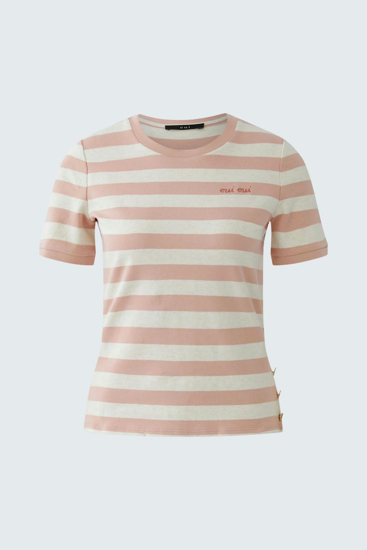 T-shirt à rayures avec manches courtes et coupe droite, détails décoratifs sur le côté, moderne et féminin, facile à porter au quotidien.
