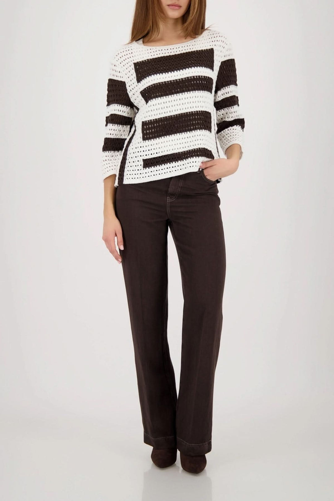Long-sleeve striped openwork sweater