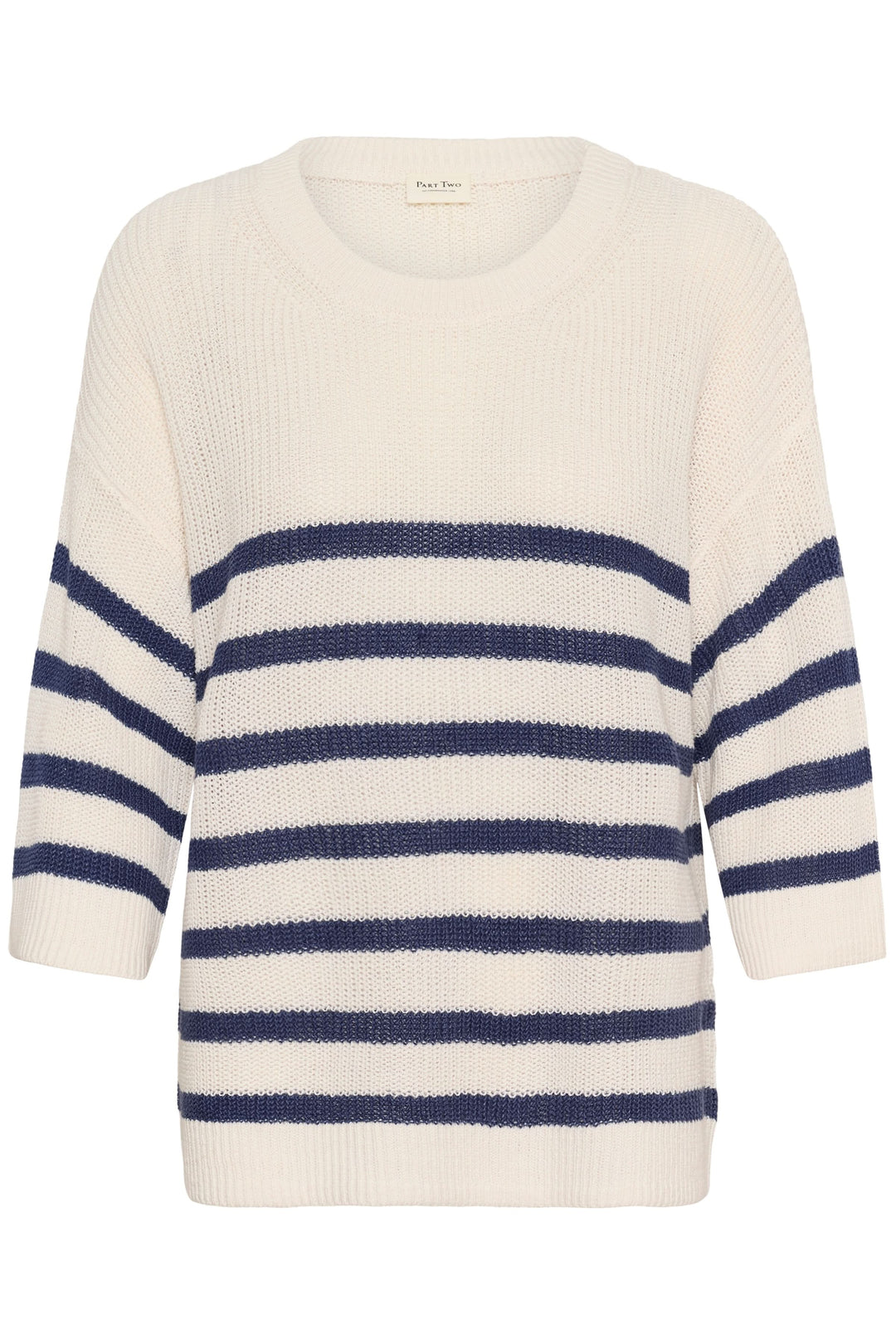 Tricot lin et coton Aliza à rayures bleues et blanches, manches courtes, coupe décontractée pour mi-saison.