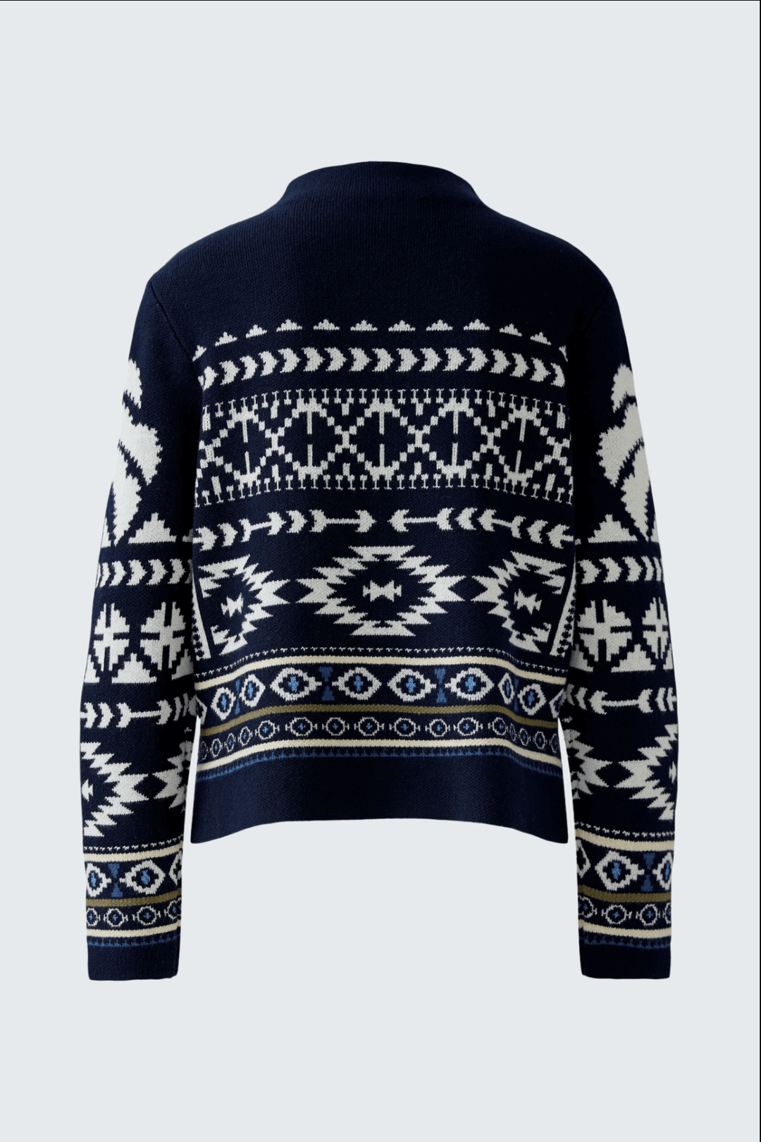 Tricot motif norvégien en jacquard bleu et blanc avec col montant et coupe courte, idéal pour un style cosy et tendance.