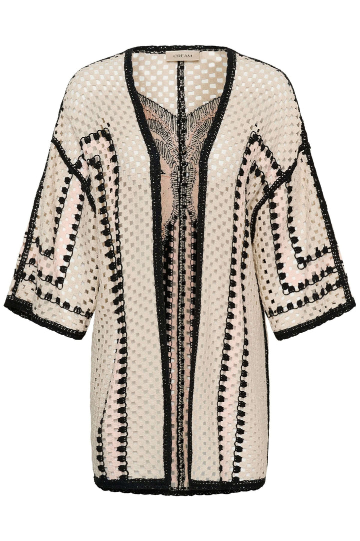 Veste Free ouverte en crochet avec manches trois-quarts et bordures contrastantes, style bohème et élégant, vue de face.