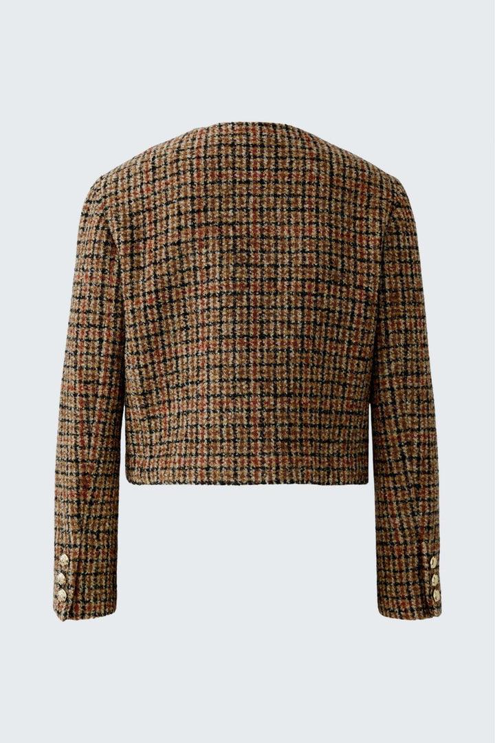 Veste courte à carreaux, boutons dorés, en lainage texturé avec motif à tons chauds et coupe droite, style élégant et intemporel.
