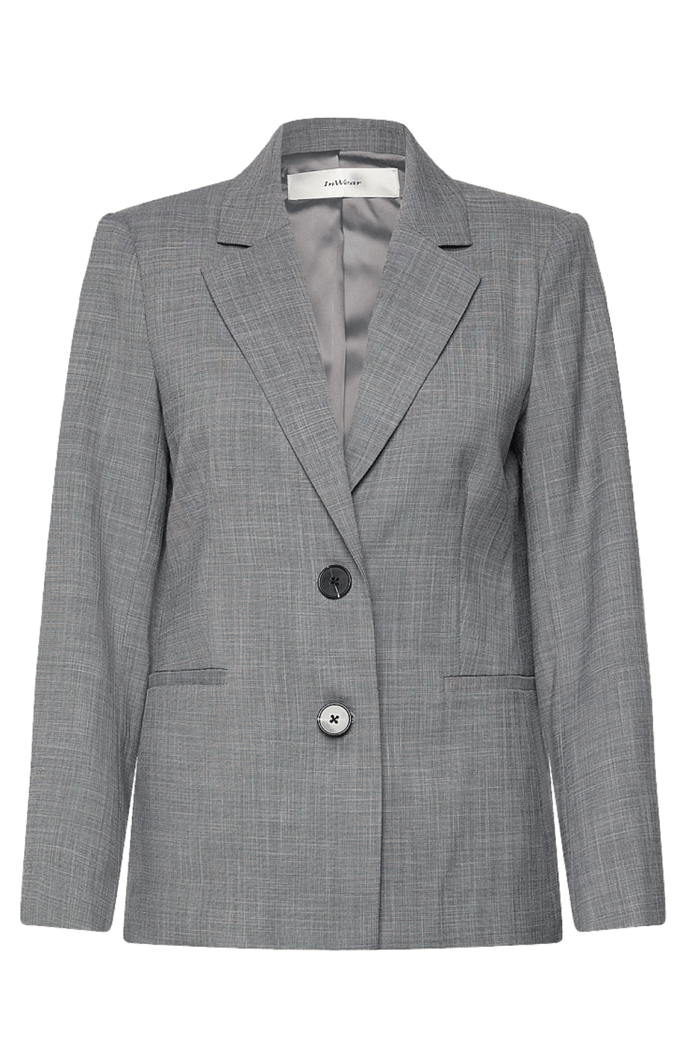 Veston tailleur structuré Cadie avec coupe droite, col à revers classiques, fermeture à deux boutons et manches longues grises élégantes.