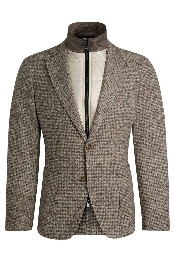 Veston texturé avec encolure amovible, intérieur zippé et coupe cintrée, en mélange de coton et laine.