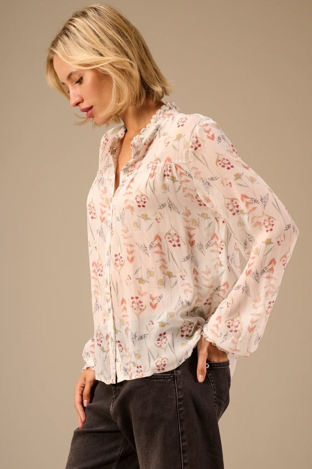 Women's Nile floral blouse with ruffled collar, front view