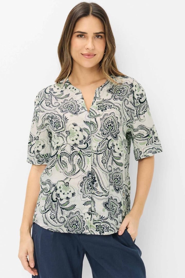 Front view of the Brax multicolored printed short-sleeved blouse for women - Valérie Simon