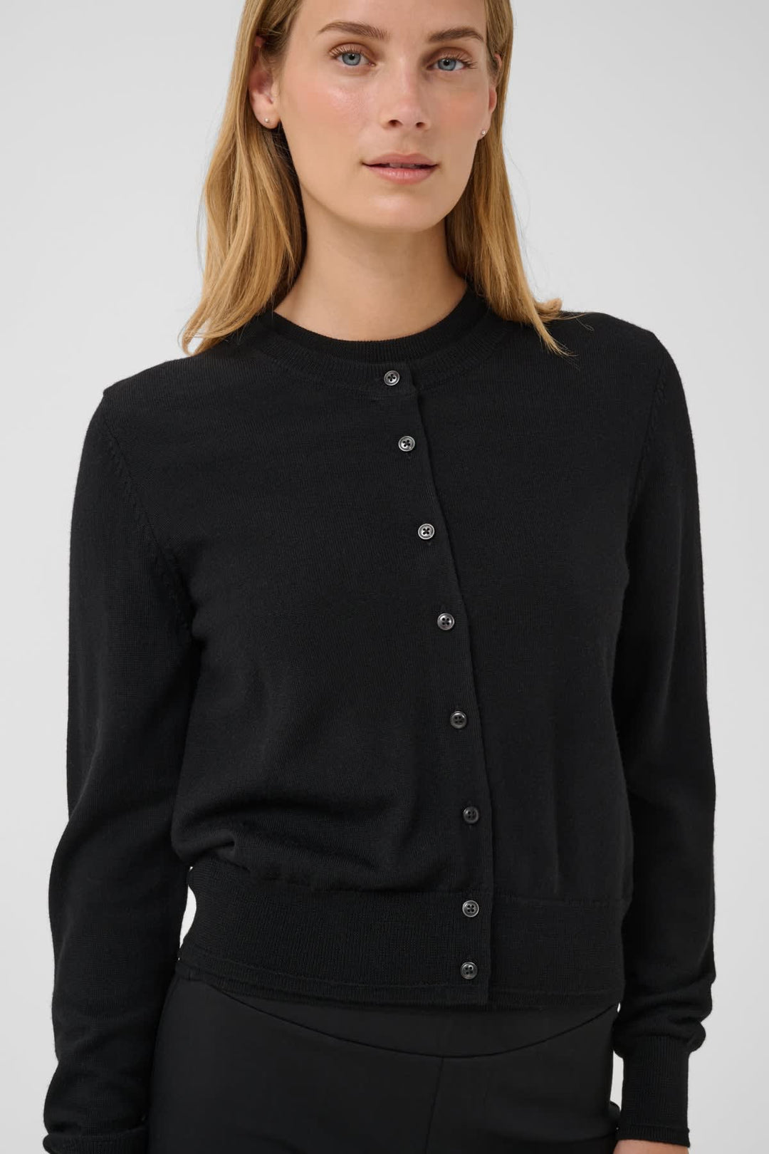 Noelani wool cardigan front view Part Two for women blue with wooden buttons - Valérie Simon