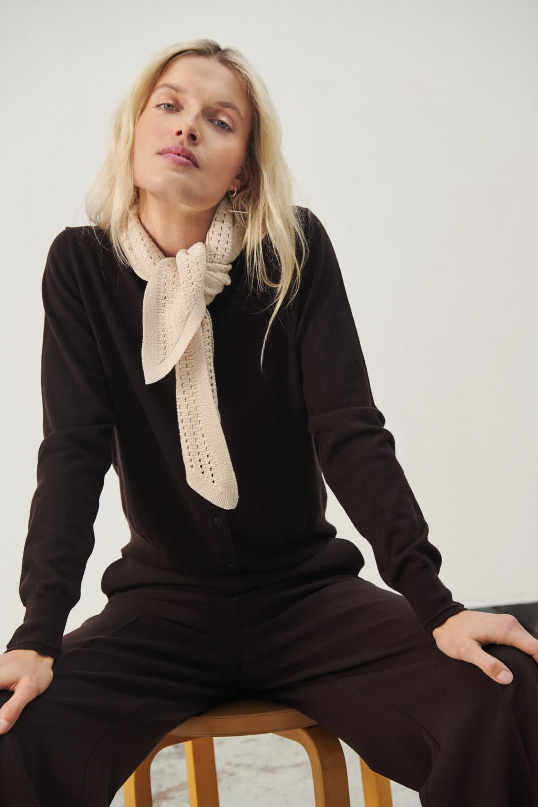 Noelani wool cardigan front view Part Two for beige women with distinctive buttons - Valérie Simon