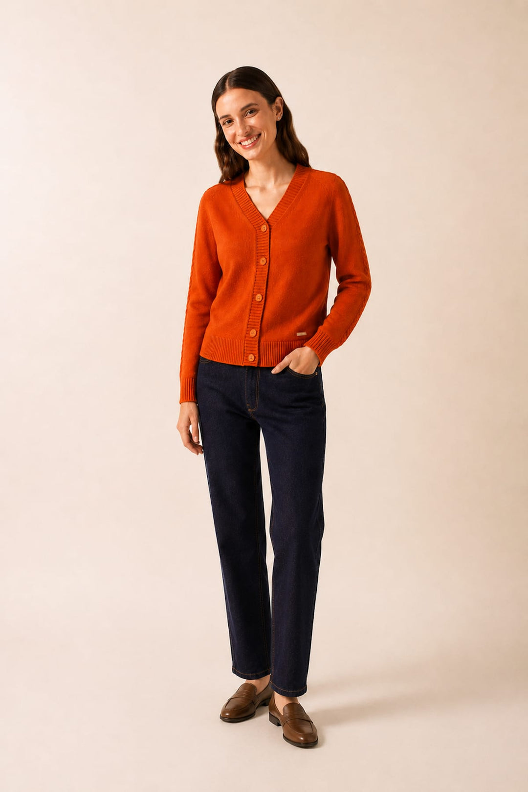 Saint James women’s Glassgow textured knit V-neck cardigan, front view