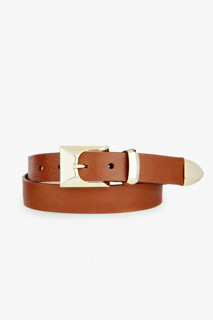 Front view of the classic Brave belt in black leather with a gold buckle for women - Valérie Simon