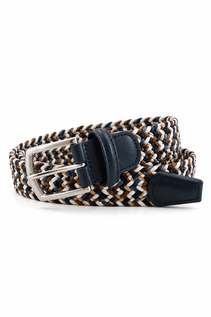 Vue latérale ceinture tressée extensible Anderson’s marron avec boucle argentée homme - Valérie Simon
