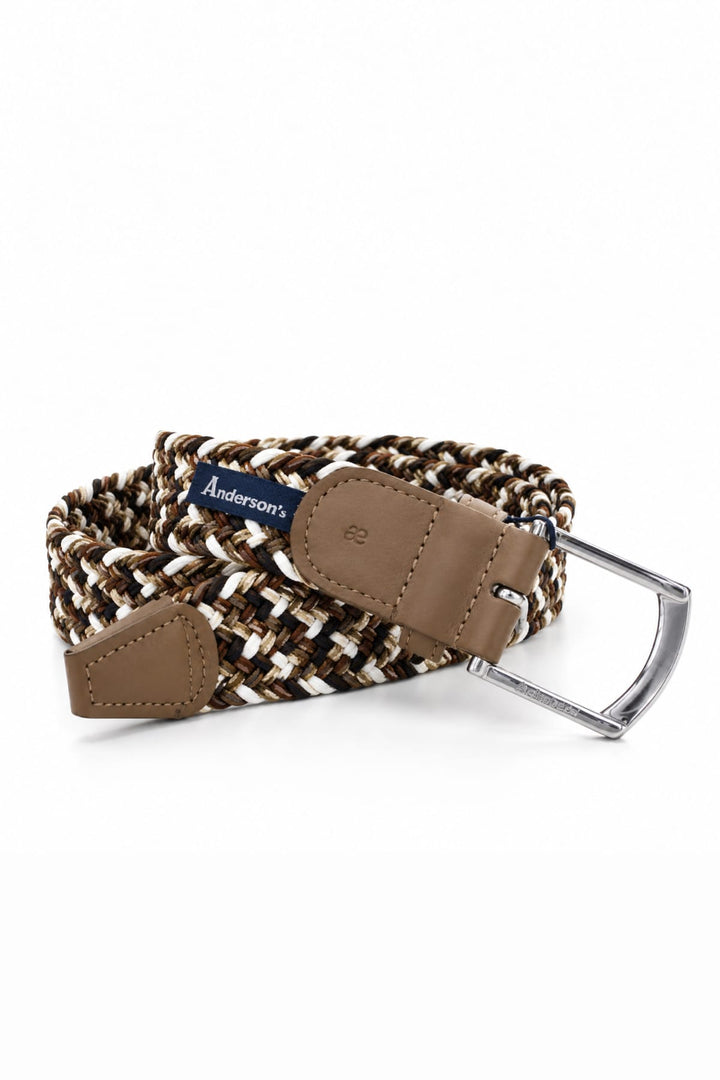 Ceinture tressée extensible vue de détail marron avec boucle argentée pour homme Anderson&