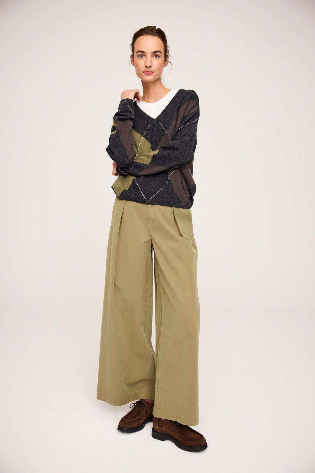 Front view of JC SOPHIE beige argyle sweater for women - Valérie Simon