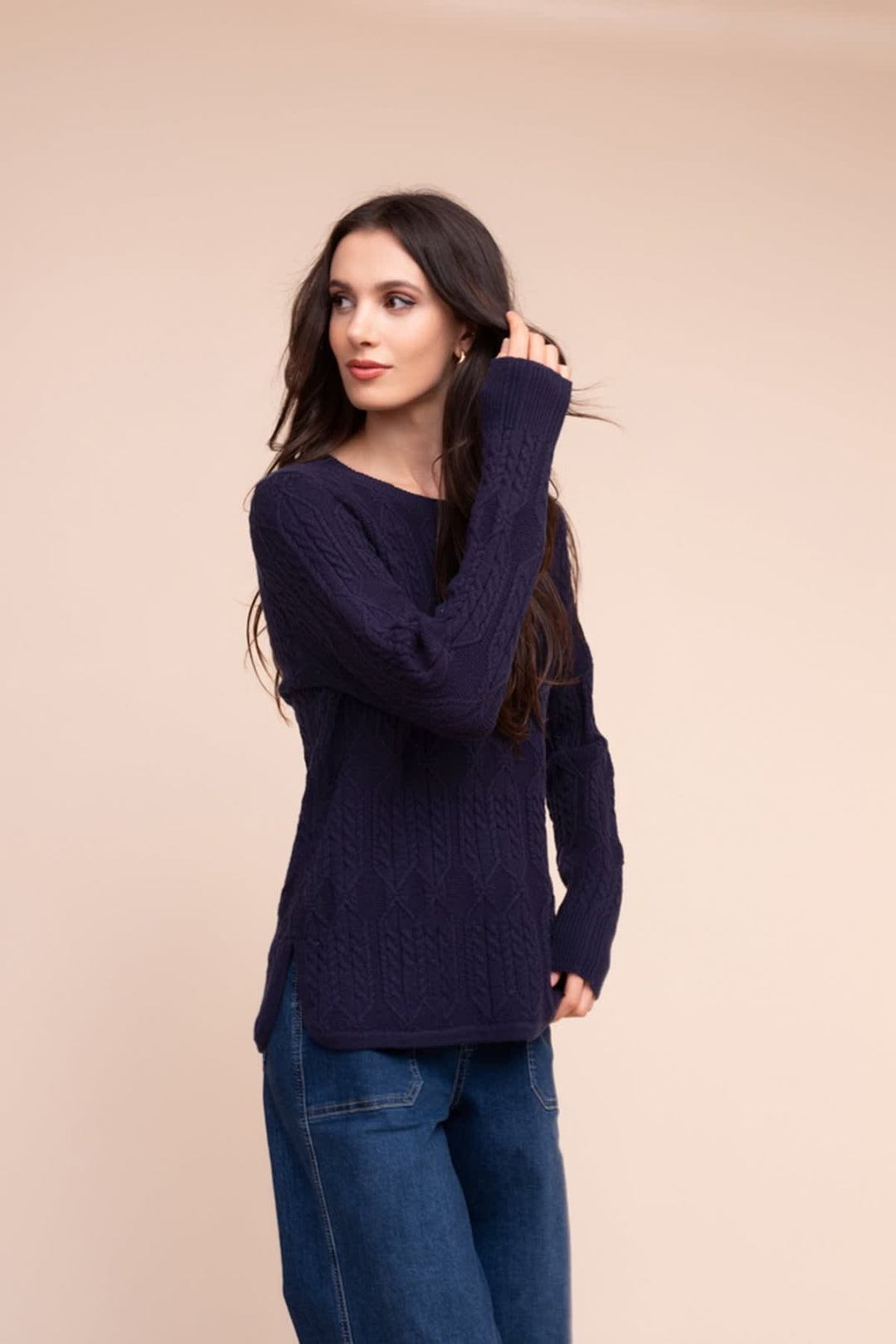 Front view of grey turtleneck sweater with multicoloured striped scarf Alison Sheri for women - Valérie Simon