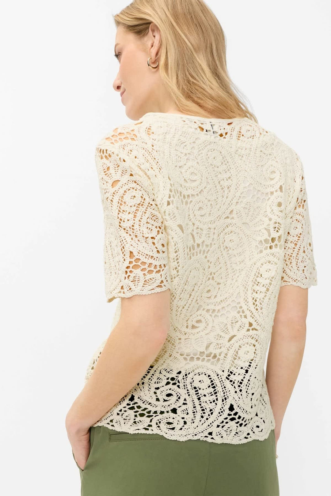 Front view of the CARA S Brax white lace sweater for women with delicate details - Valérie Simon