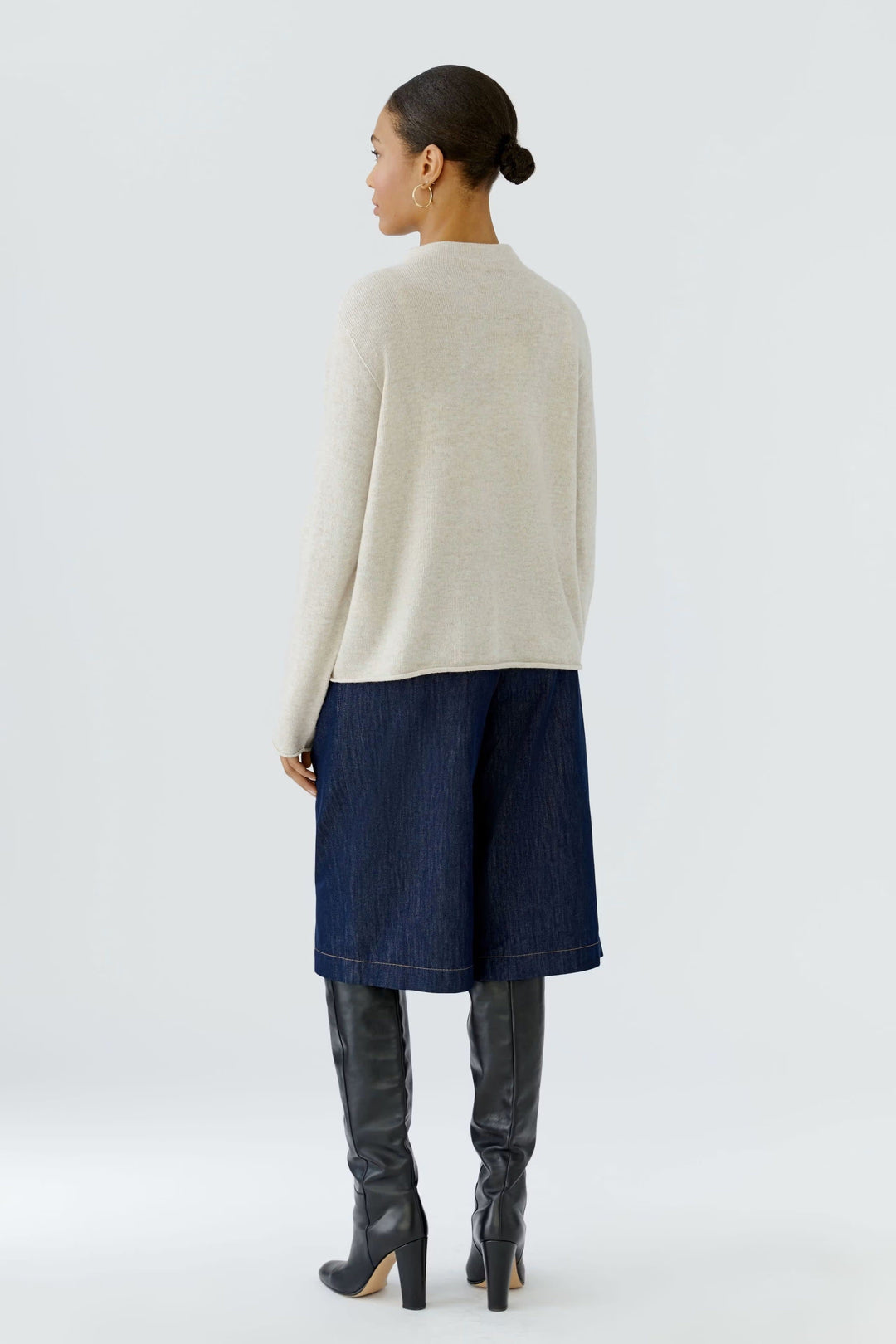 Front view of women’s mock neck knit sweater Oui in beige with textured details - Valérie Simon