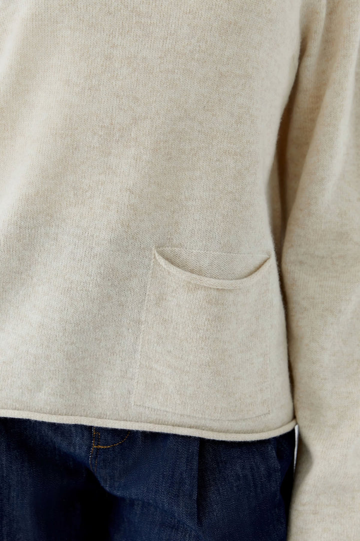 Front view of women’s beige mock neck knit sweater Oui with cable knit pattern - Valérie Simon