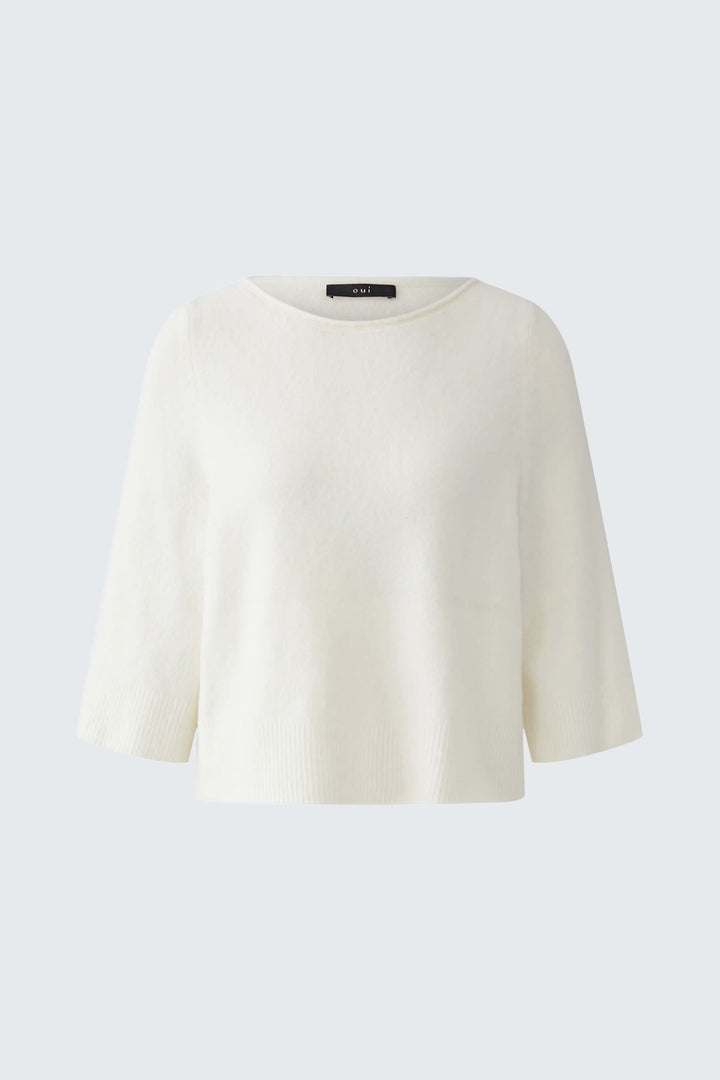 Front view of women’s knit sweater with three-quarter sleeves Oui in blue with geometric patterns - Valérie Simon