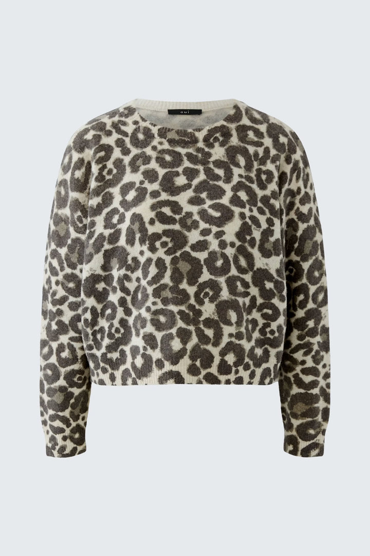 Front view of brown knit leopard sweater for women Oui - Valérie Simon