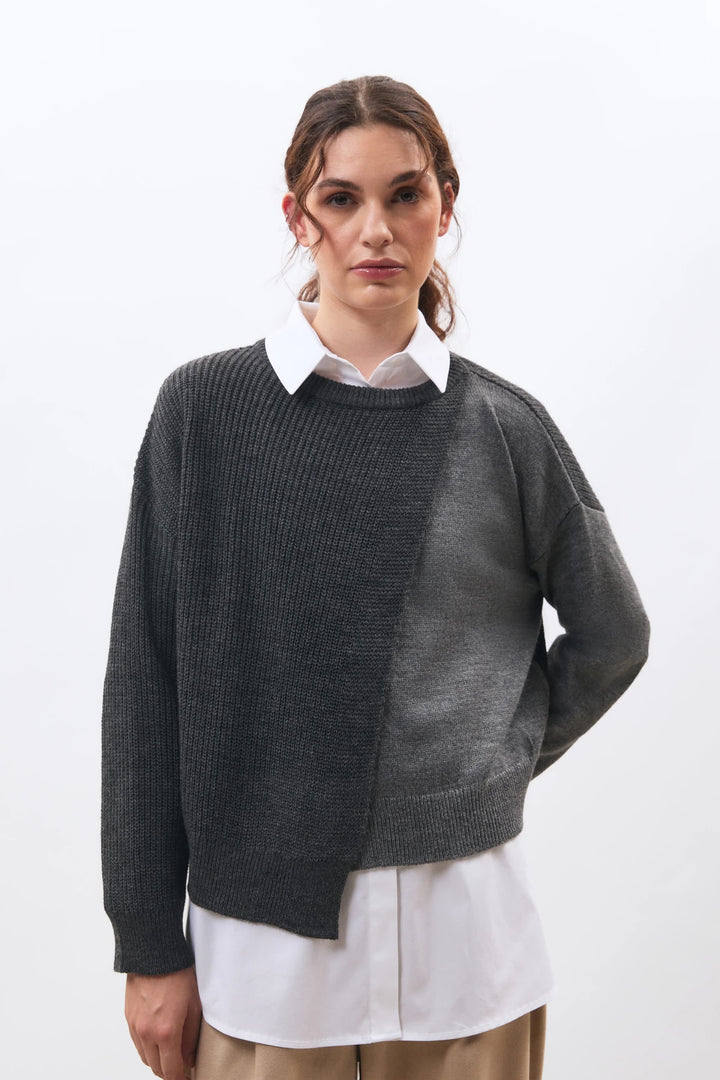 Kikom asymmetrical knit sweater front view for women Humility
