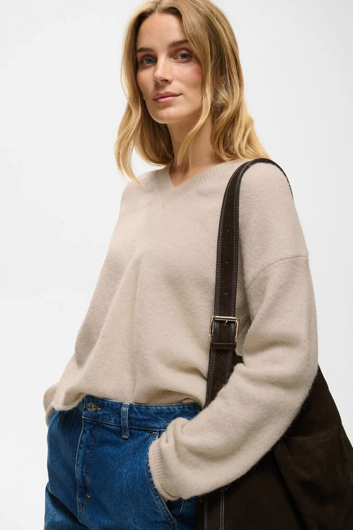 Front view of the beige knit sweater Part Two with cable pattern for women - Valérie Simon