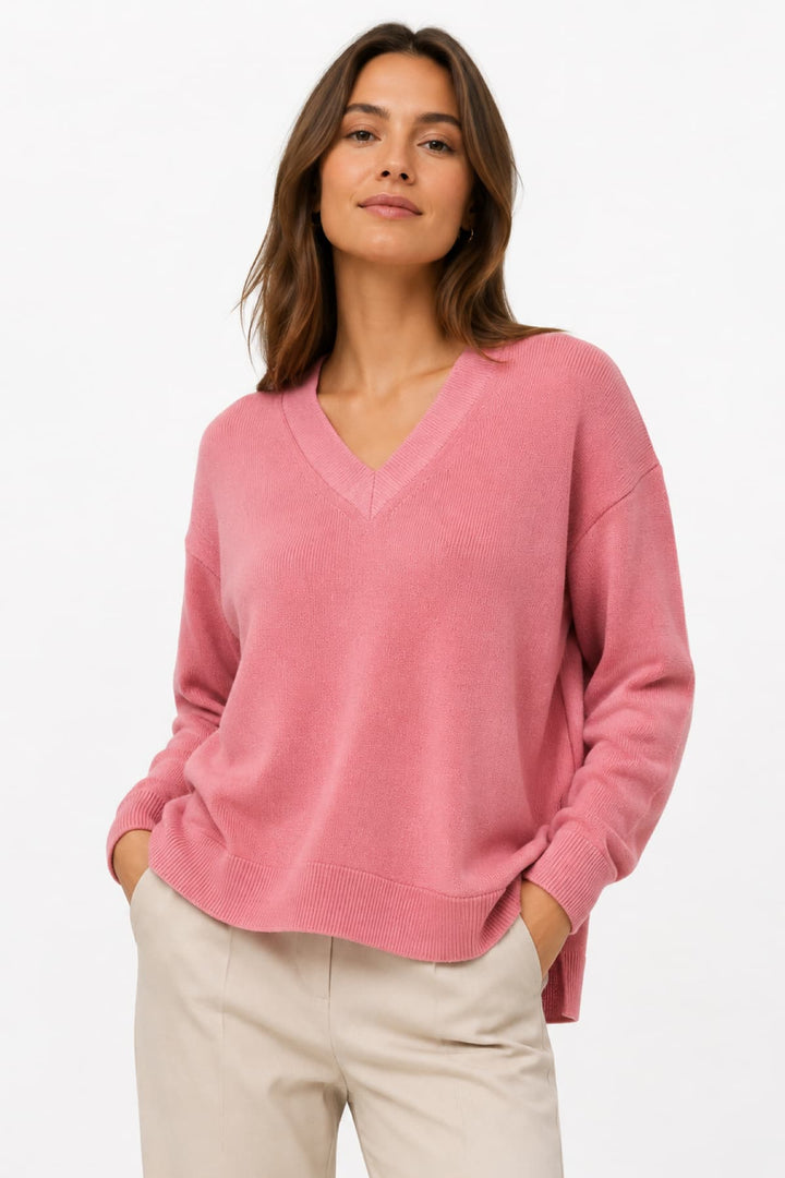 Front view of V-neck sweater Part Two in green knit with textured patterns - Valérie Simon