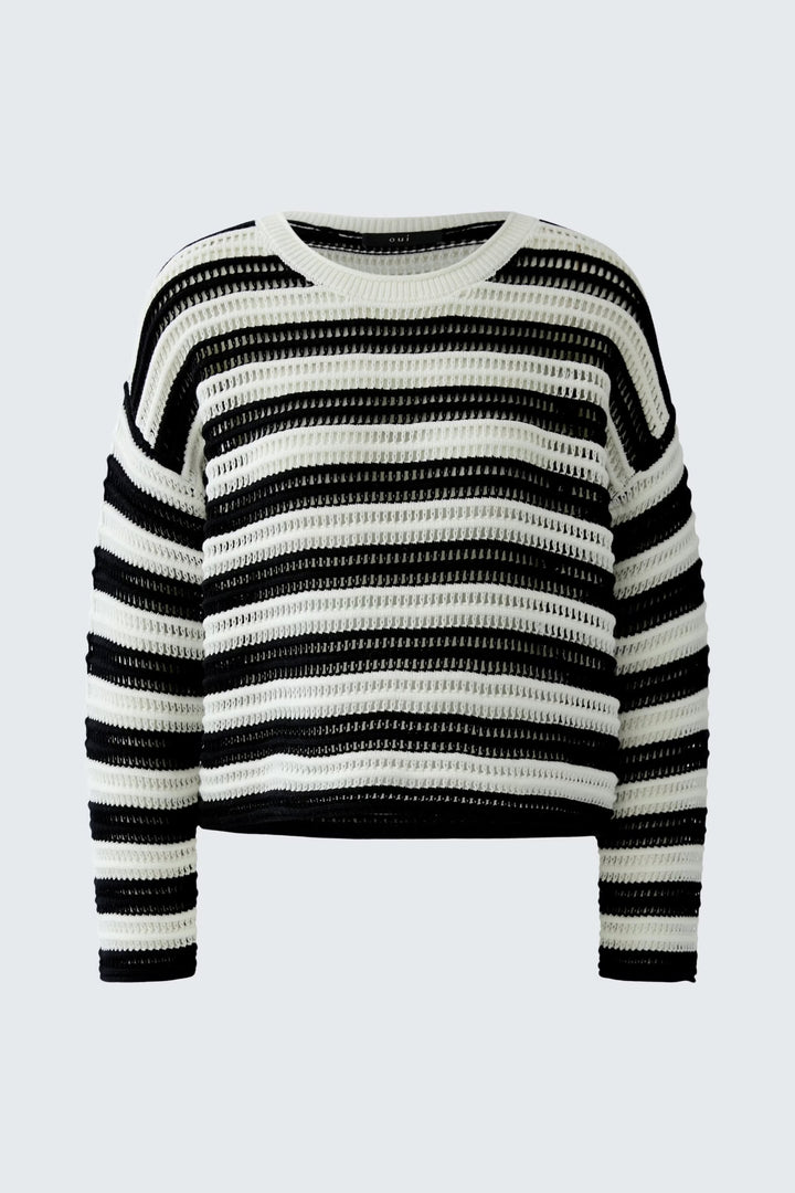 Front view of a sky blue and white striped openwork knit sweater Oui for women - Valérie Simon