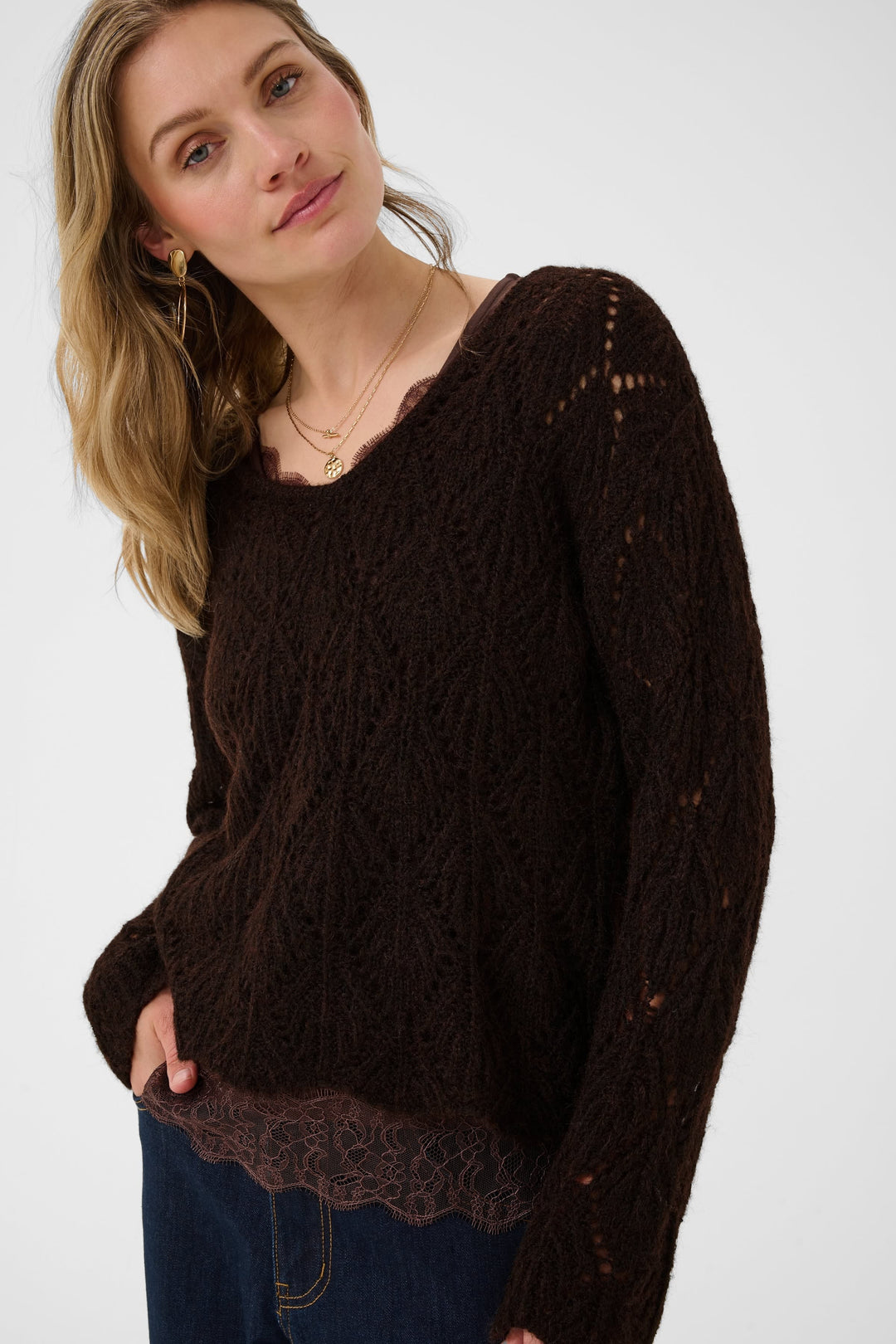 Front view of cream openwork knit sweater colour for women Cream - Valérie Simon