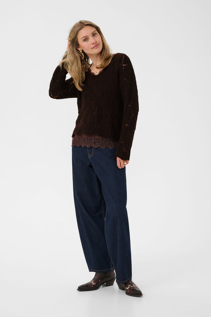 Front view of cream openwork sweater for women with fine details - Valérie Simon