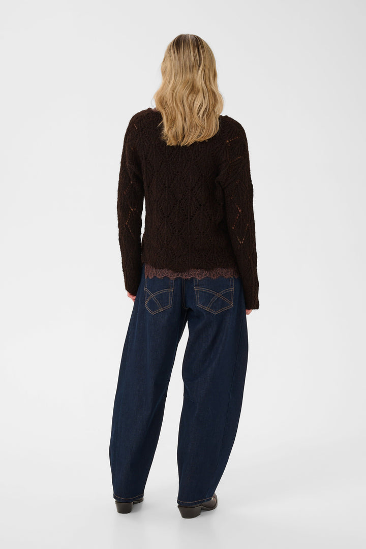 Front view of cream openwork sweater for women with delicate knit - Valérie Simon