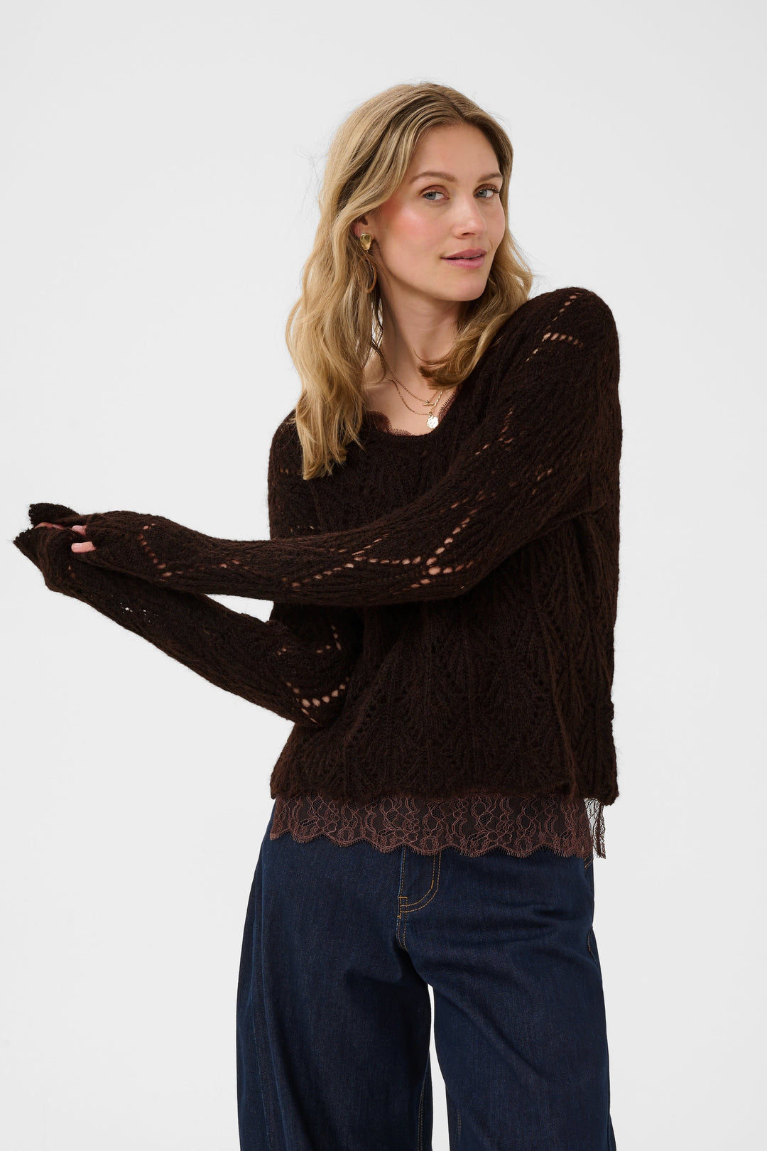 Back view of beige openwork knit sweater Cream for women - Valérie Simon