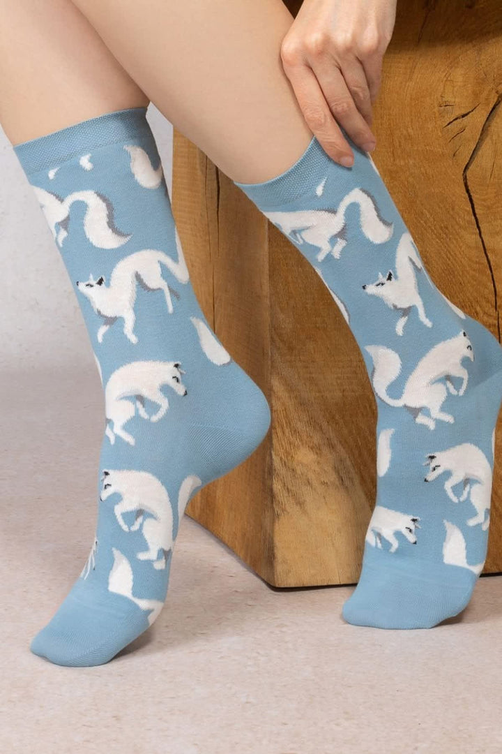 Chaussettes en coton écrues à motif renards polaires vue de face pour femme Bleuforêt