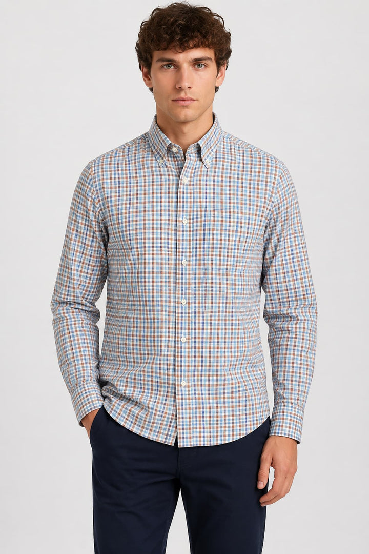 Vue de face chemise à carreaux Paul and Shark pour homme bleu avec détails boutons - Valérie Simon