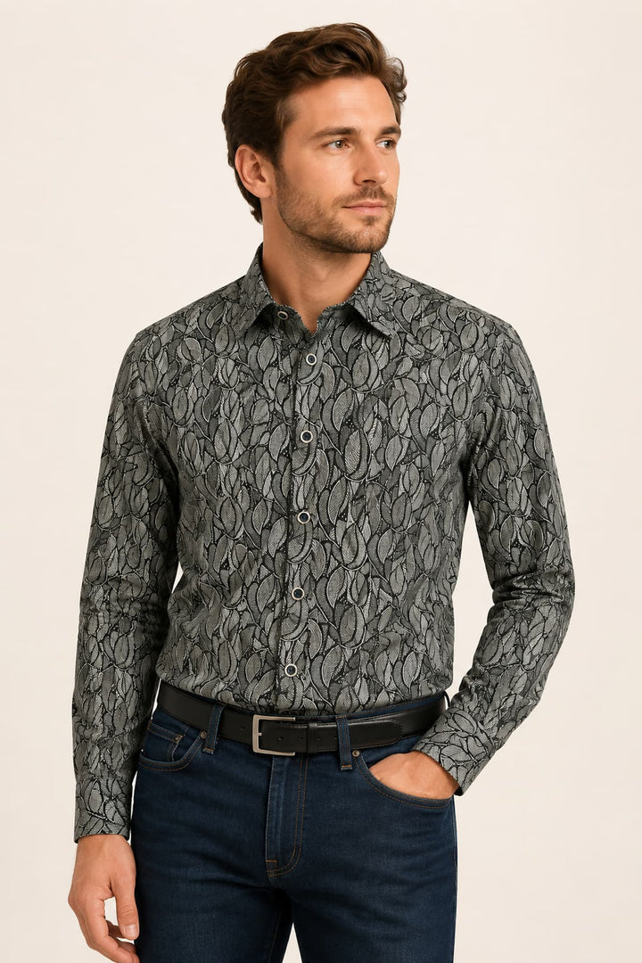 Front view contemporary foliage pattern shirt Fellows United blue for men - Valérie Simon