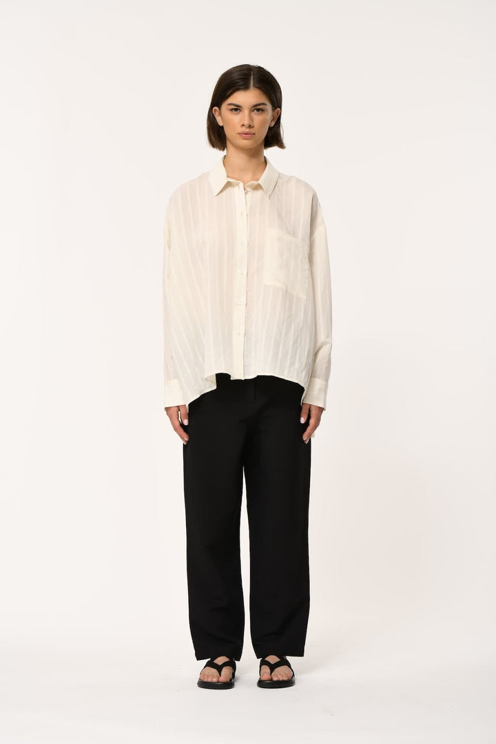 Front view of a blue and white striped women&