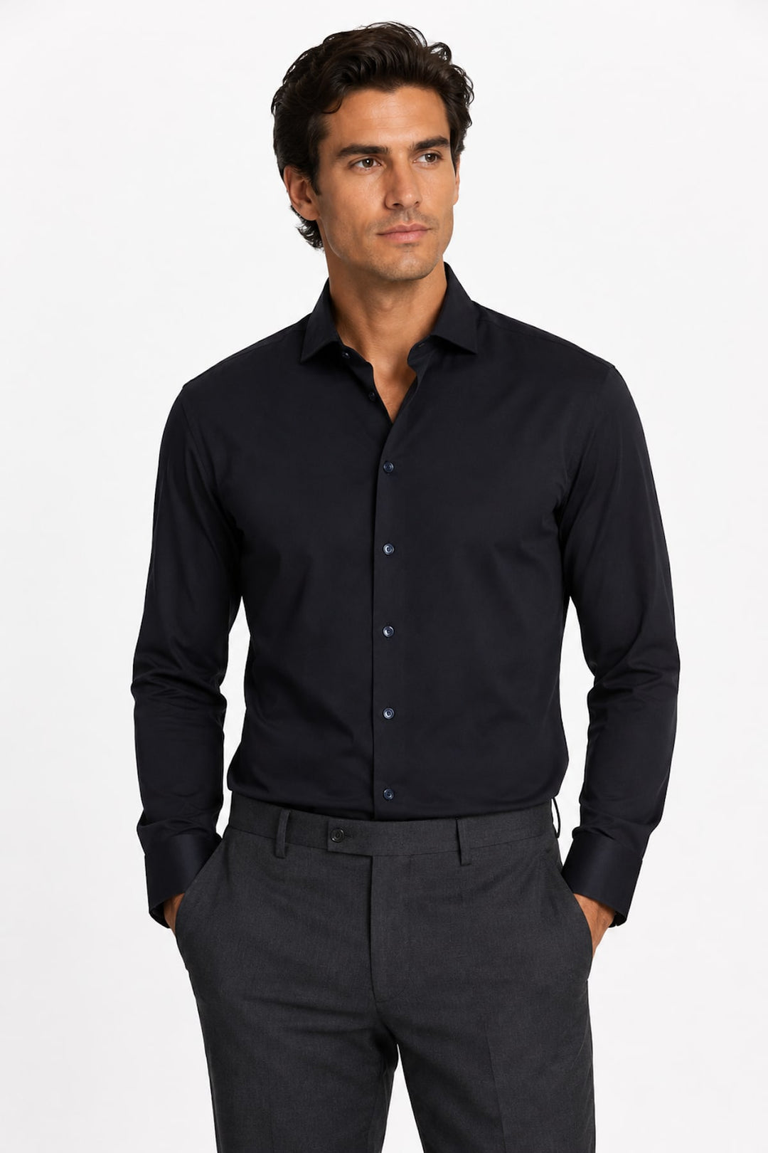 Vue de face chemise habillée Eton homme blanche avec boutons contrastés - Valérie Simon