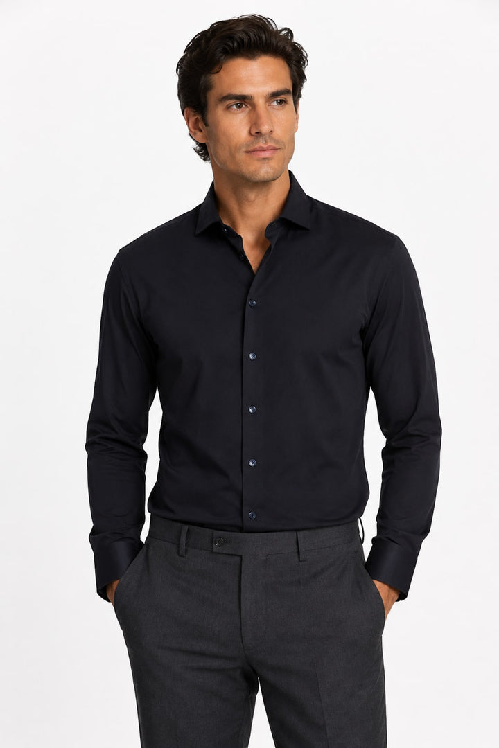 Vue de face chemise habillée Eton homme blanche avec boutons contrastés - Valérie Simon